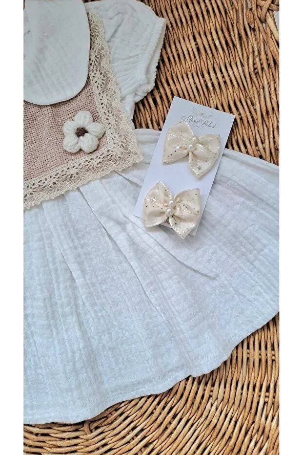 Детское платье для девочек с принтом Daisy Embroidered Baby Collar Muslin Baby Dress Masalbebek_Tr, White — фото 3