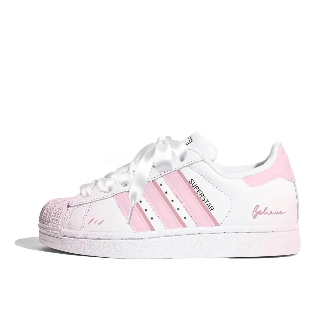 Детские кастомные кеды Superstar 2 Peach Mist Pink Shell Toe Adidas Originals, White Pink — фото 3