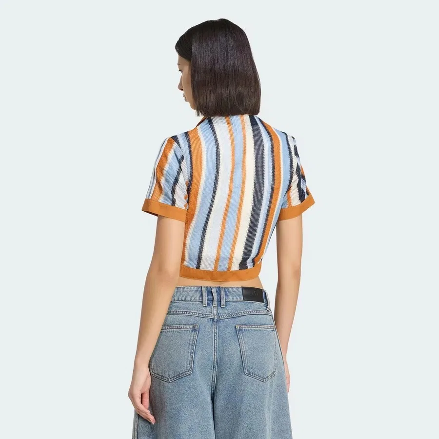 Женский поло-кроп-топ с полосами Summer Glow Striped Cropped Polo adidas, Оранжевый — фото 2