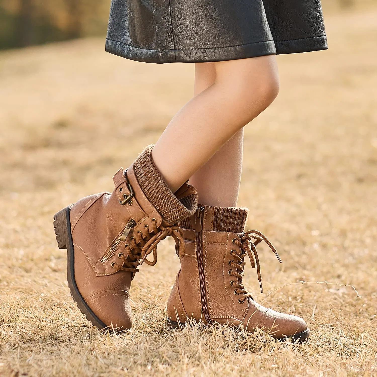 Детские ботинки для девочек с меховой подкладкой Combat Lace up DREAM PAIRS, Camel — фото 2