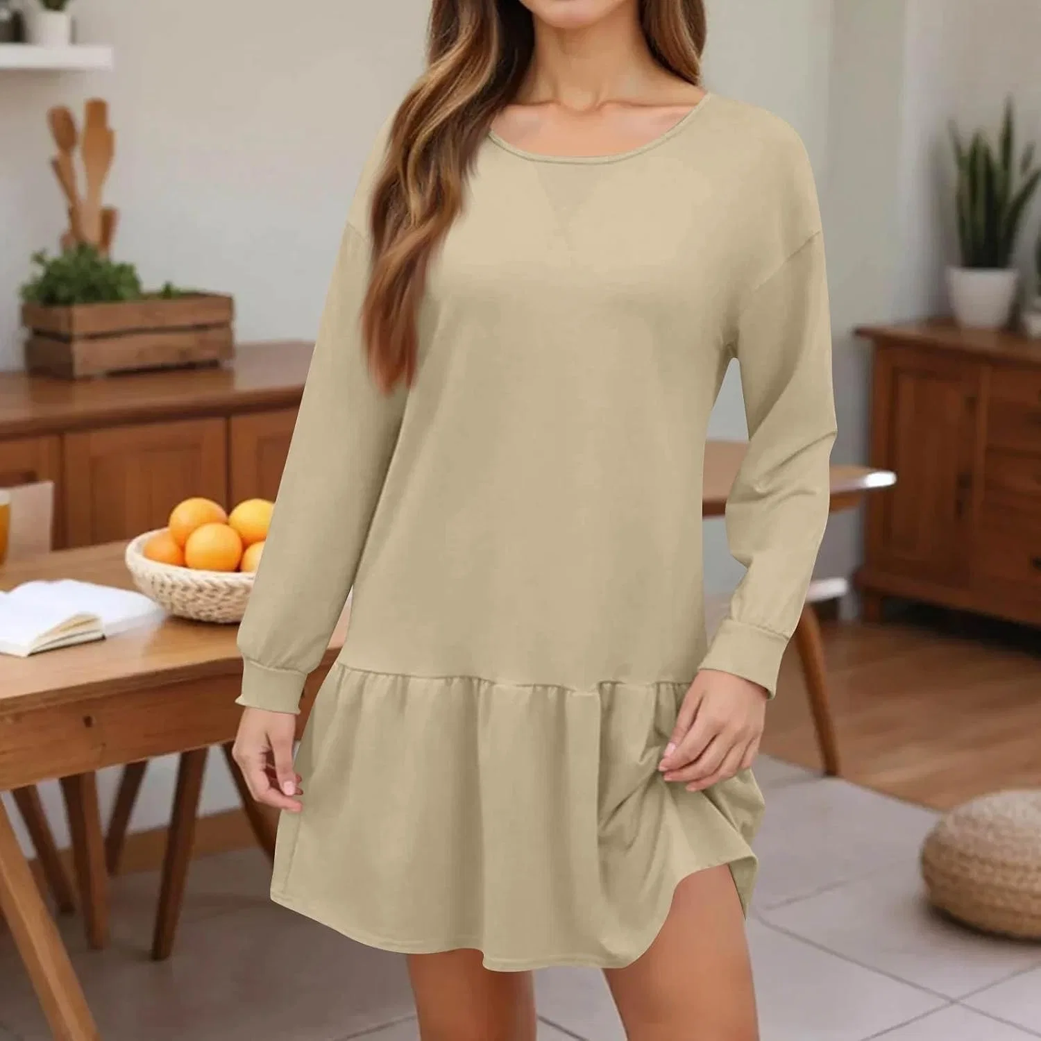 Женское мини-платье свободного кроя свитшот Crew Neck, Khaki — фото 2