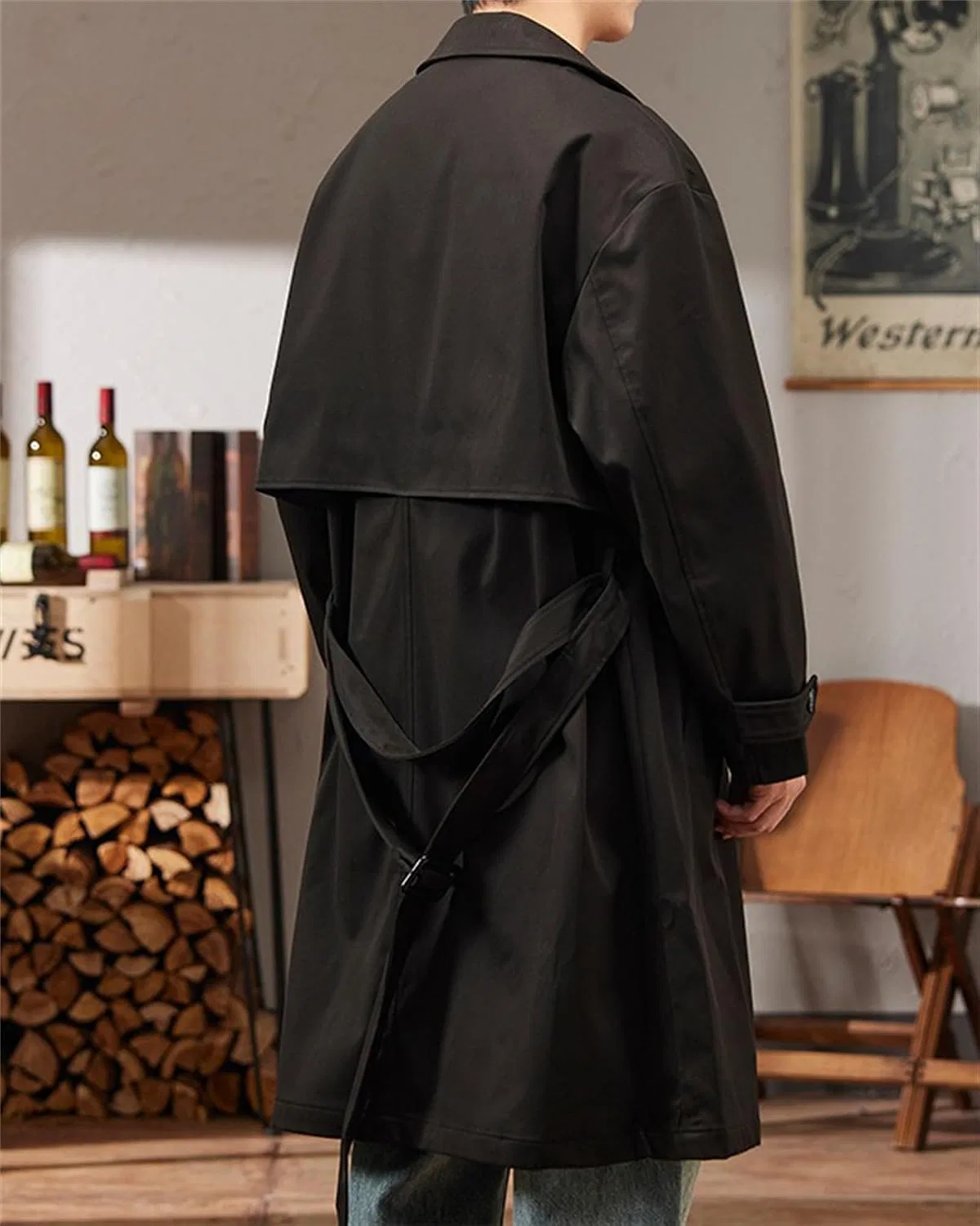 Мужское пальто двубортное с лацканами, Slim Fit, чёрный — фото 3