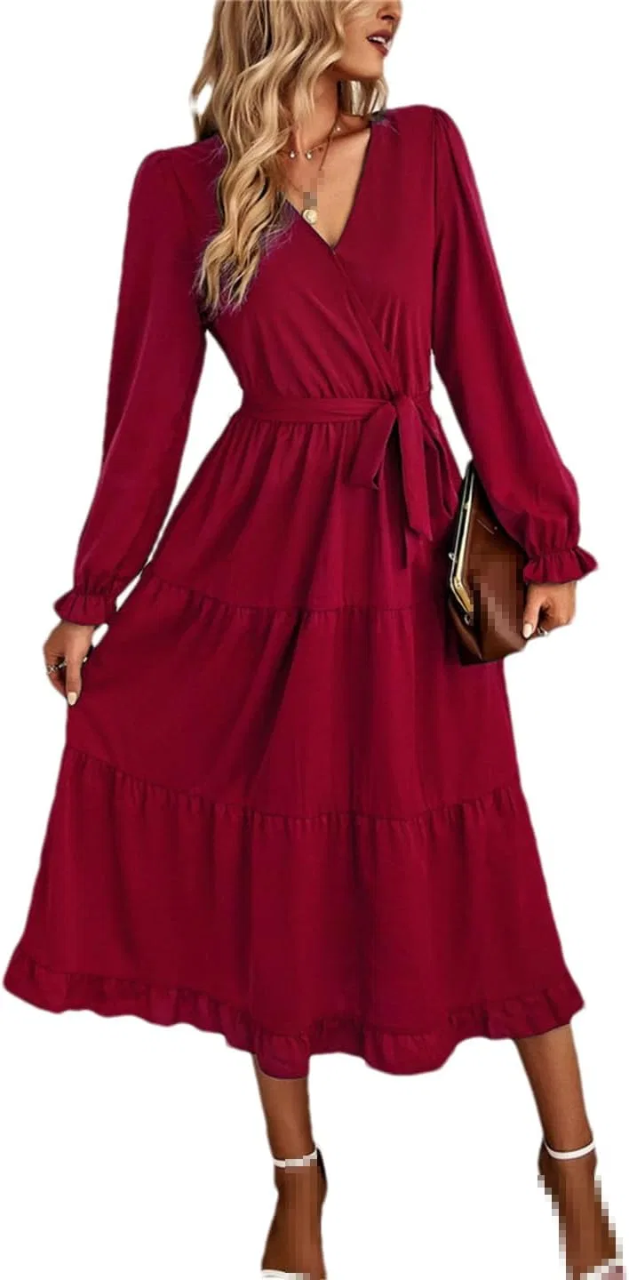 Женское платье A-силуэта с рюшами, Wine Red