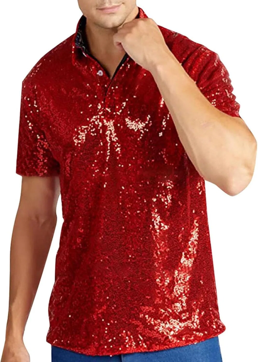 Мужская рубашка с пайетками Metallic Shiny Short Sleeve Turndown Collar Button Up Golf Shirts Sparkle Disco Party Shirt, винный — фото 3