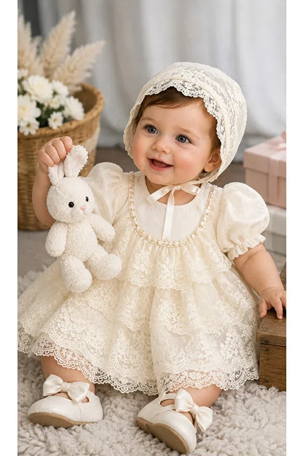 Детское кружевное платье для девочек Lace mevlüt dress with short sleeves and hat Dizaynbyasena, Ecru