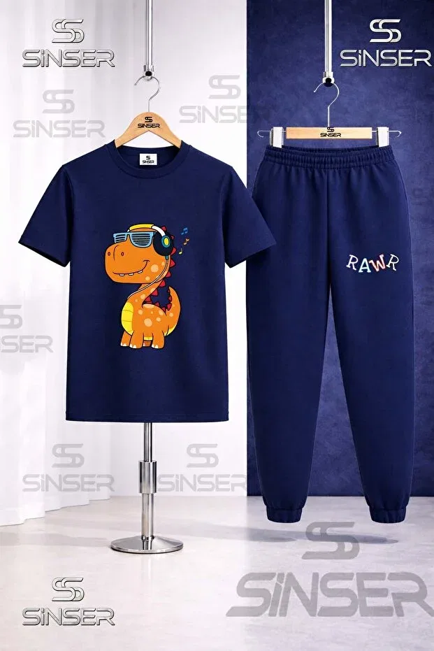 Детский комплект футболки и штанов с принтом Rawr Dino Headphones Ss Sinser, Black - Gray - Navy Blue — фото 4