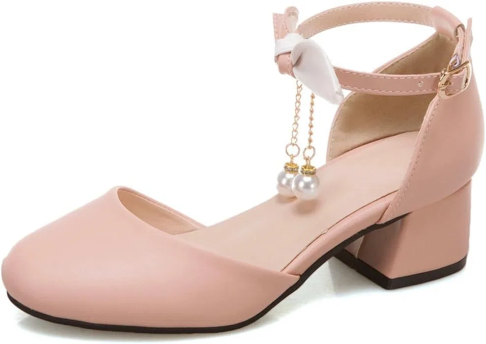Детские туфли для девочек с бантом и жемчужным ремешком, модель Princess, Pink