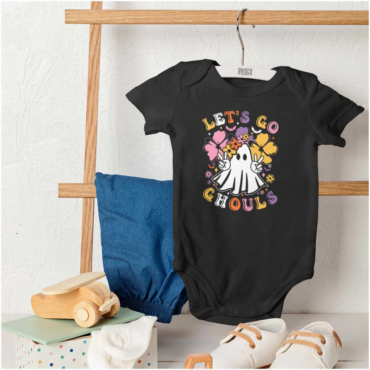 Детское боди для девочек с принтом Cute Boho Ghost Lets Go Ghouls Brisco Brands, Black — фото 4