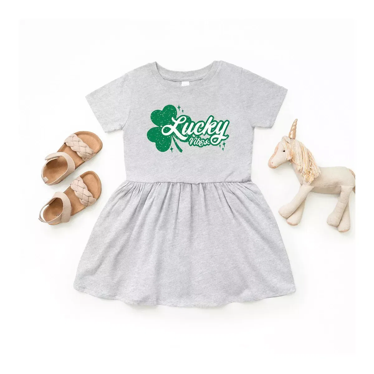 Детское платье для девочек с принтом Lucky Vibes Clover The Juniper Shop, Heather Grey — фото 2
