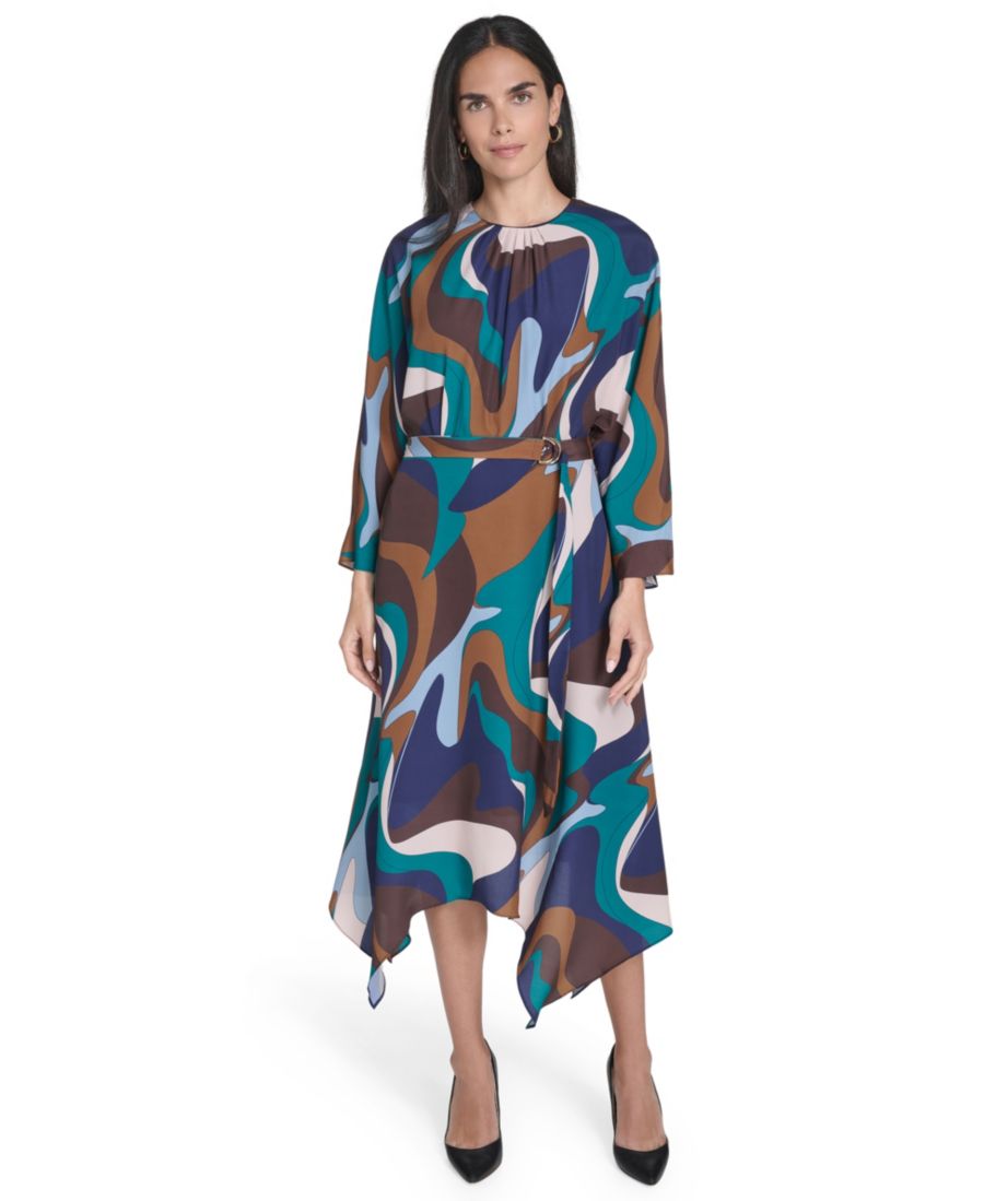 

Укороченное миди-платье с круглым вырезом и поясом, с асимметричным подолом Jessica Howard, Navy Multi