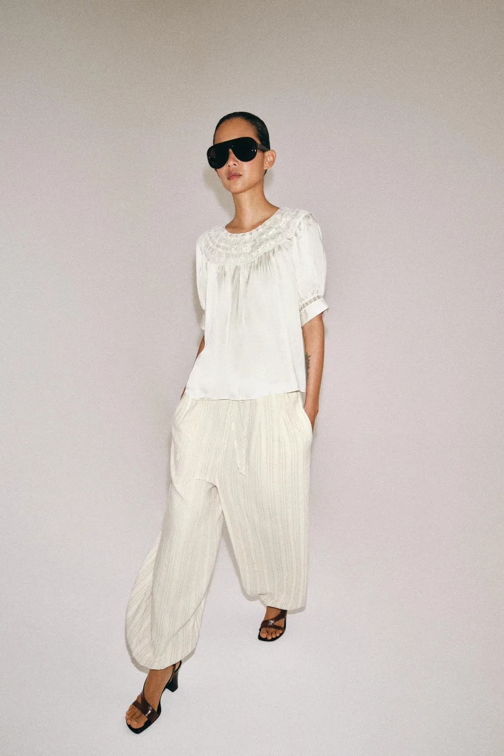 Полосатые брюки-саруэль из коллекции ZW ZARA, Ecru