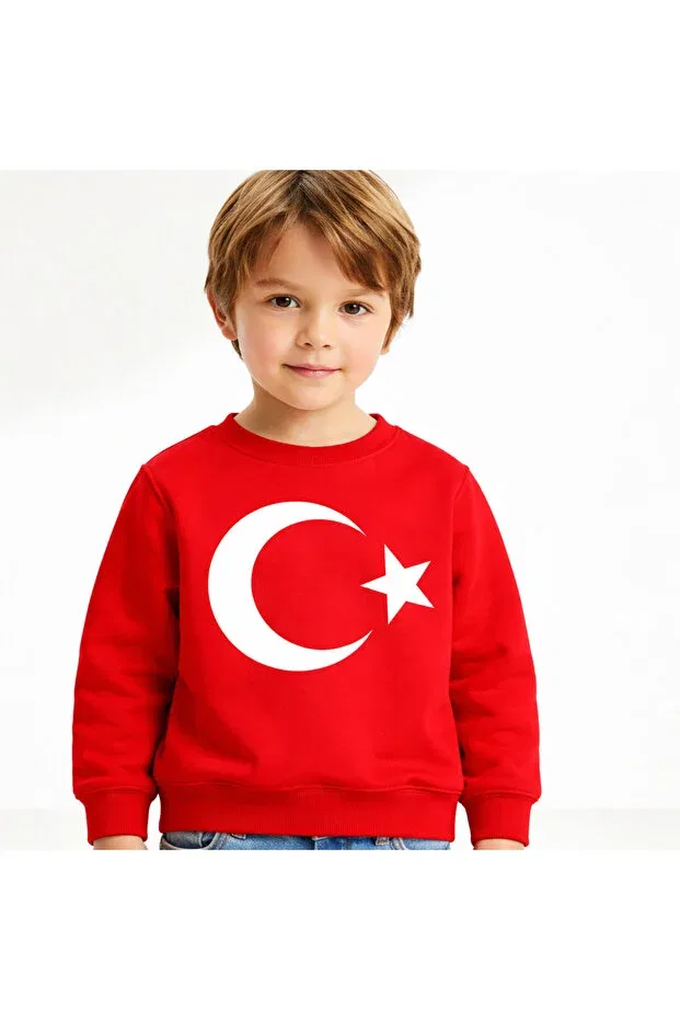 Детские свитшот для мальчиков с принтом Moon Star Flag Printed April 23rd Printed Cotton Efendioğlu Design, Red
