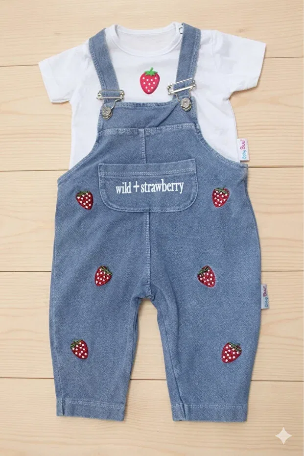 Детский комбинезон для девочек джинсовый с коротким рукавом Strawberry Embroidered Eymirgiyim, Dark Blue — фото 2