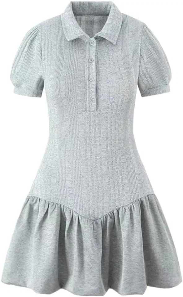 Женское мини-платье поло с пуф-рукавами Generic, Lightgrey