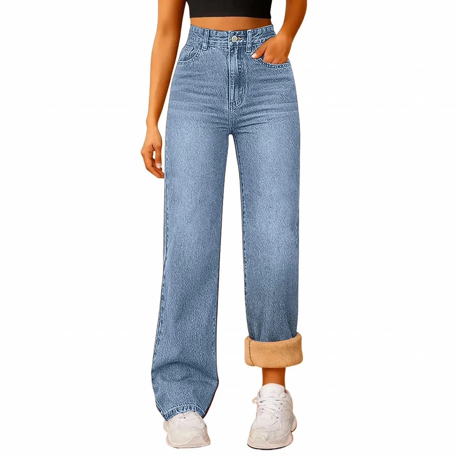 Женские утеплённые джинсы с флисом High Waisted Straight Leg, blue