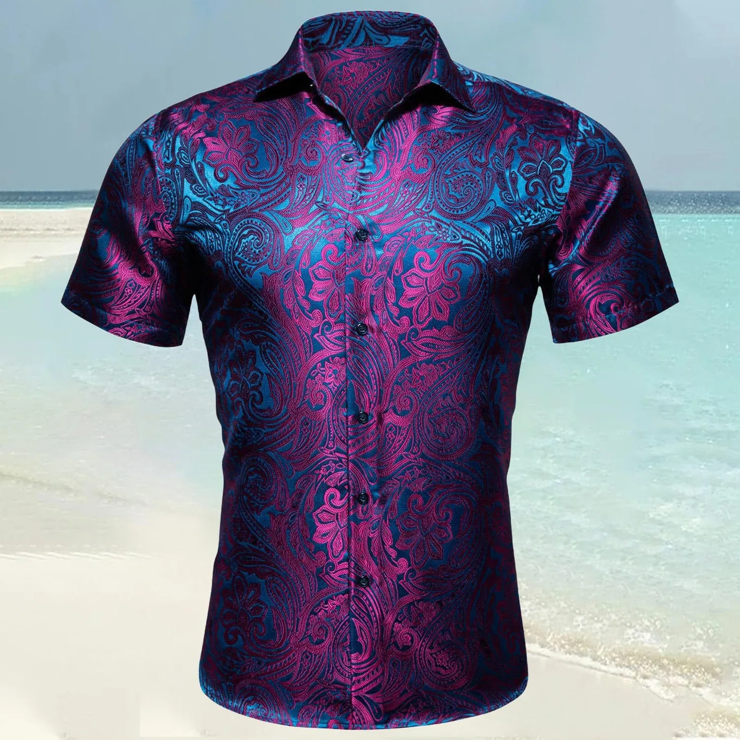 Мужская рубашка с коротким рукавом с принтом Paisley Shiny Satin Baroque Design, Navy Blue — фото 2