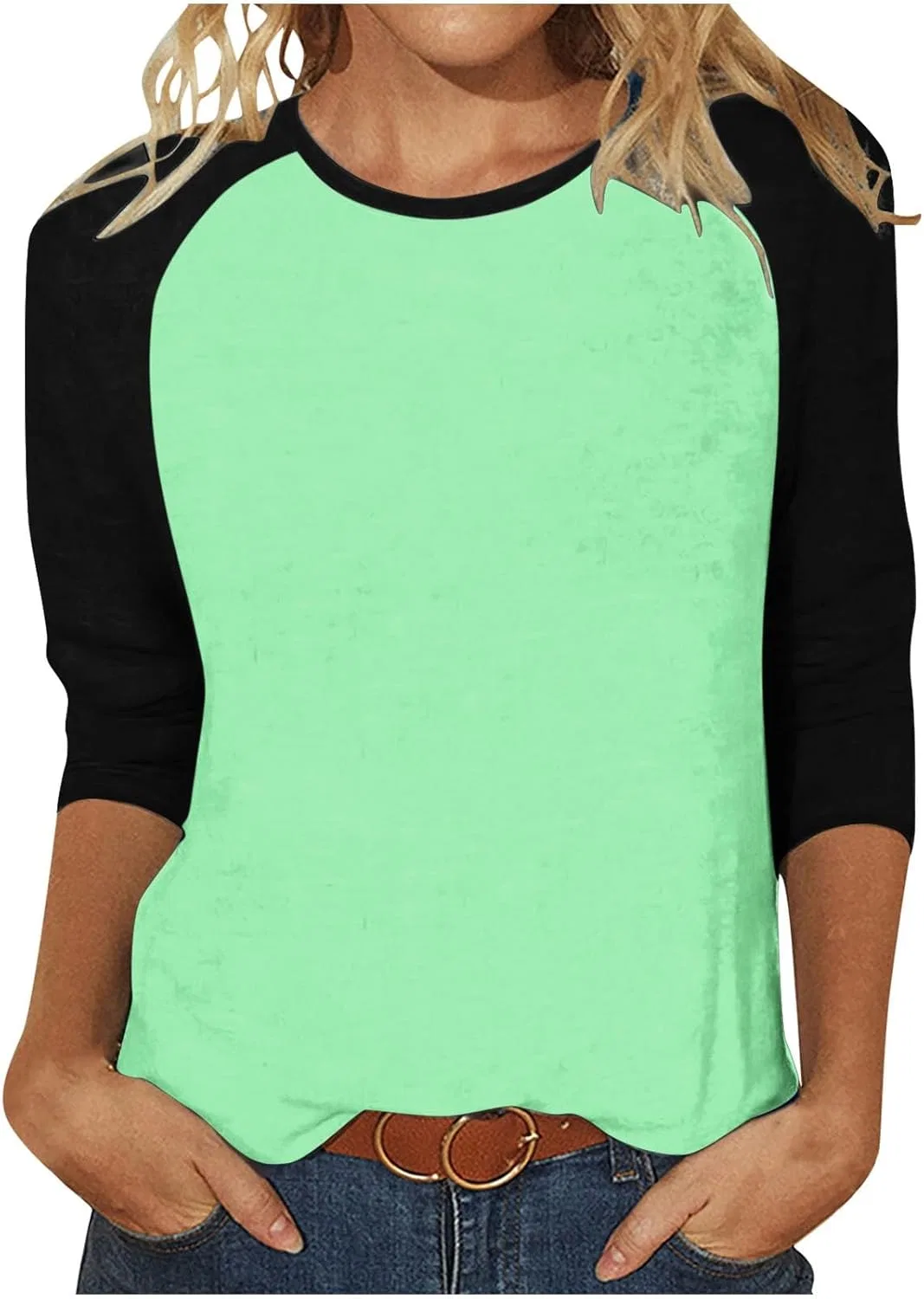 Женская свободная блуза с цветными блоками, 3/4 рукав, Mint Green