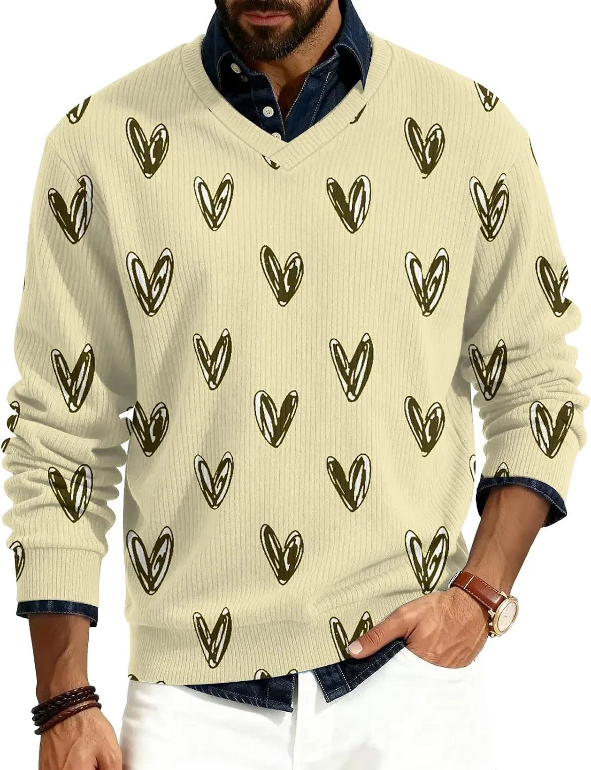 Мужской V-образный свитер с сердечками, Casual Long Sleeve Lightweight Knitwear