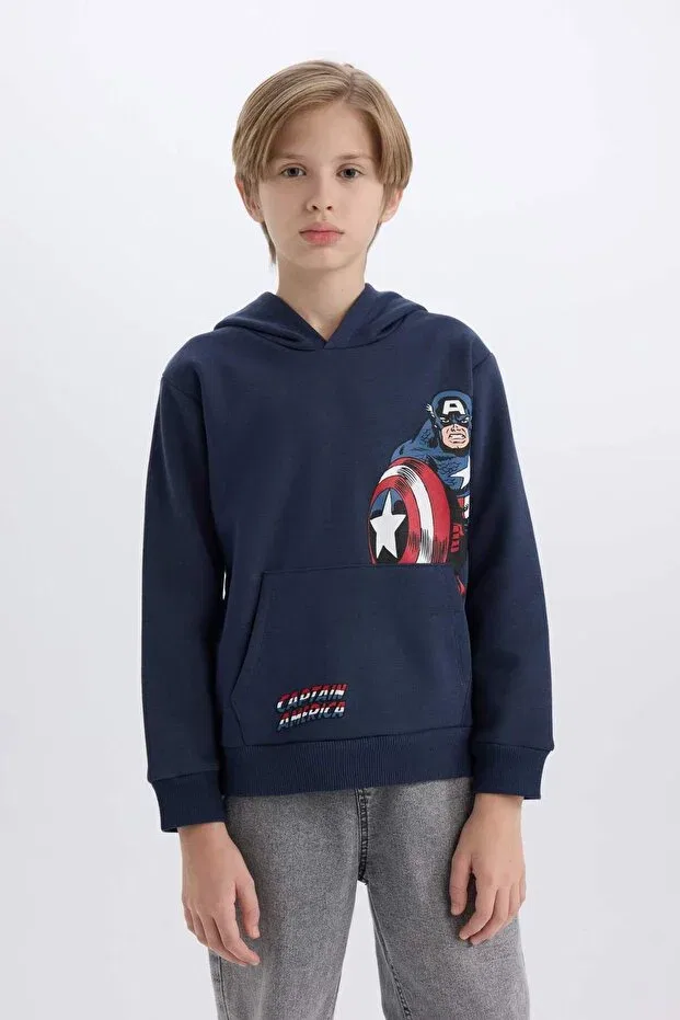 Детская толстовка для мальчиков с принтом Marvel hooded kangaroo pocket Defacto, Navy Blue-Nv94