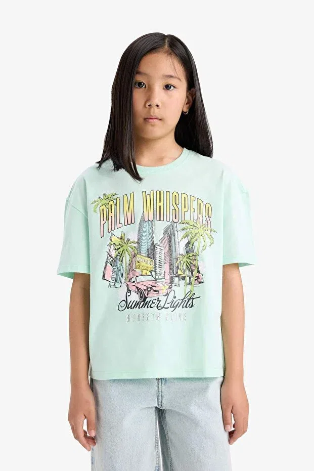 Детская футболка для девочек с принтом Relax fit crew neck printed short sleeve t-shirt girls Defacto, Turquoise — фото 3