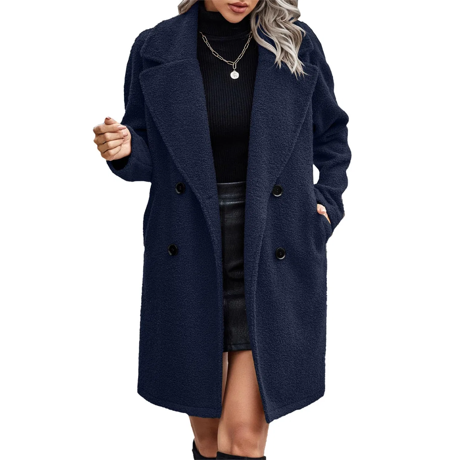 Женское зимнее пальто из искусственного меха с отворотом и длинным рукавом, Blu navy — фото 2