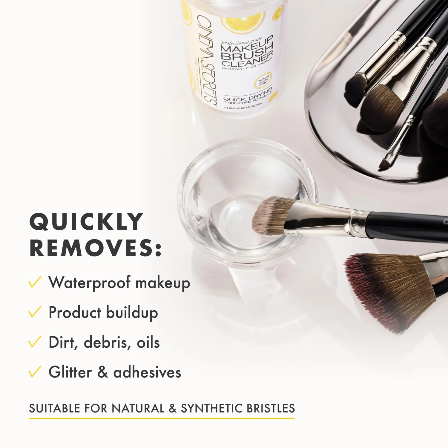 CINEMA SECRETS Original Makeup Brush Cleaner Solution & Spray Combo - профессиональное средство для очистки кистей для макияжа, быстросохнущее, без смывания, удаляет стойкий макияж, лимон (473 мл и 59 мл) — фото 4