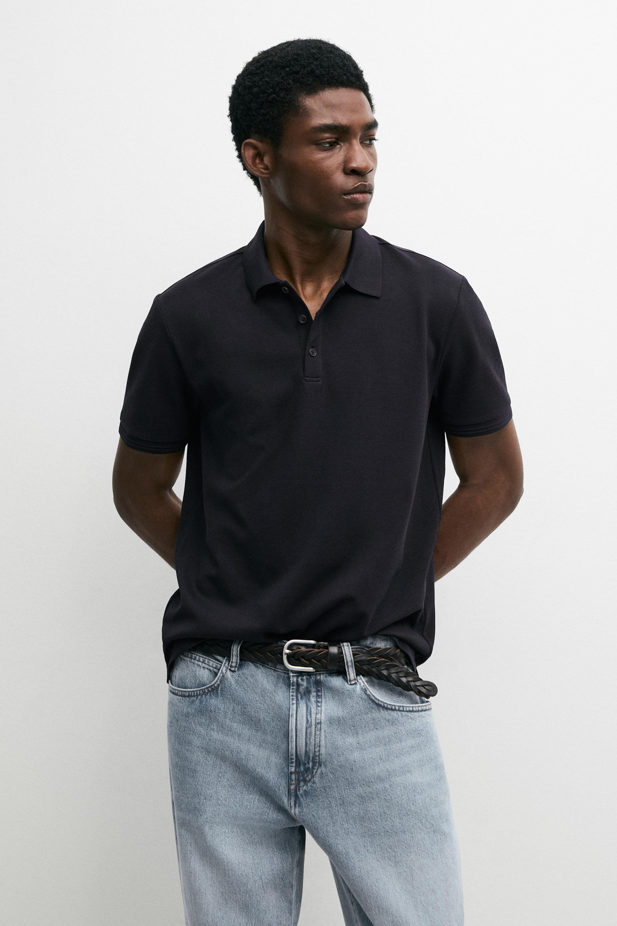 Поло Massimo Dutti 100% Cotton Short Sleeve Shirt, темно-синий — фото 3