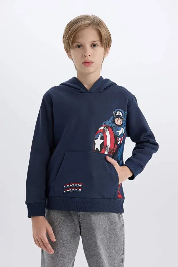 Детская толстовка для мальчиков с принтом Marvel hooded kangaroo pocket Defacto, Navy Blue-Nv94 — фото 3