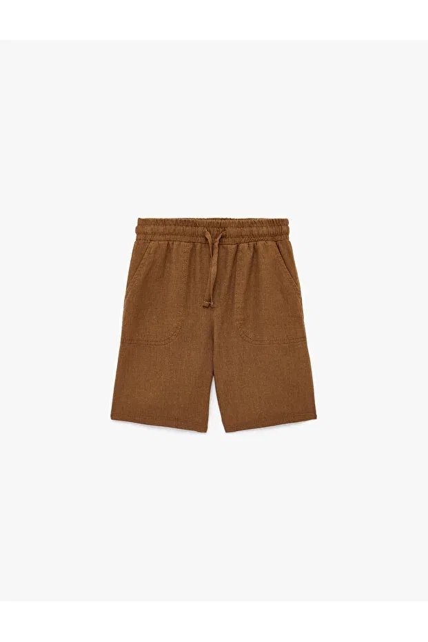 Детские шорты для мальчиков с завязками Linen and viscose blend basic shorts with tie waist Koton, Brown — фото 2