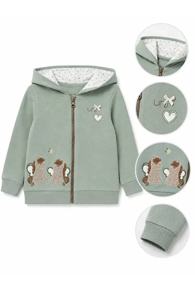 Детский кардиган для девочек с вышивкой Unicorn Embroidered Hooded Nili, Green — фото 3