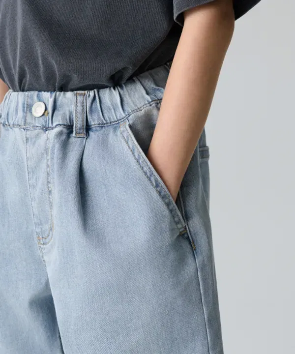 Шорты джинсовые с одним защипом, широкие на резинке, Musinsa Standard Kids, light indigo — фото 4