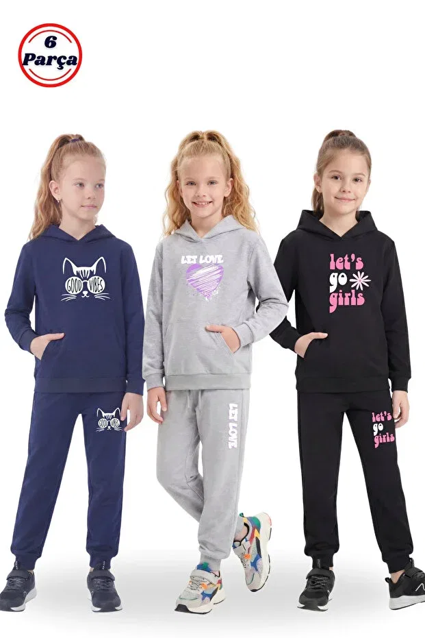 Детский спортивный комплект для девочек с принтом 3 предмета Fyk Kids, Navy Blue-Grey-Black