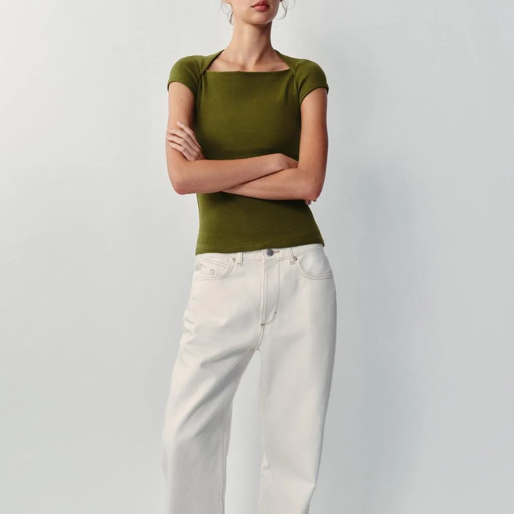 Женская футболка с квадратным вырезом Olive Green ZARA, Olive Green — фото 4