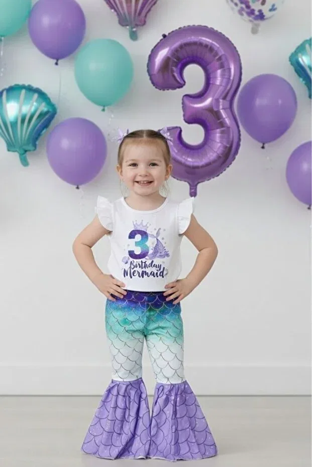 Детский комплект для девочек с принтом Mermaid Themed Birthday Tights Set My Kids Wear, White-Multicolor — фото 4