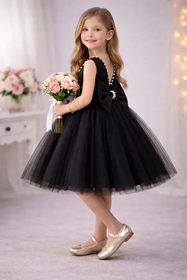 Детское платье для девочек с принтом Violet model collar pearl girls dress satin top, fluffy dream tulle special occasion dress Suneh, Black — фото 2