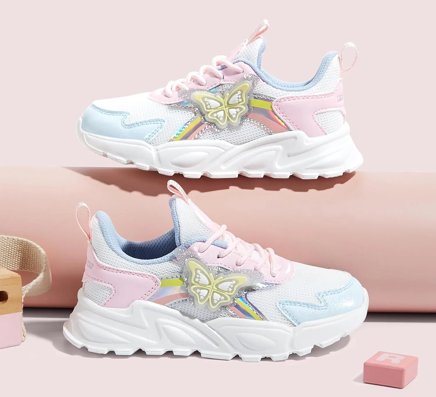 Детские кроссовки для девочек с принтом бабочки LUCKY STEP, Yellow/Pink — фото 2
