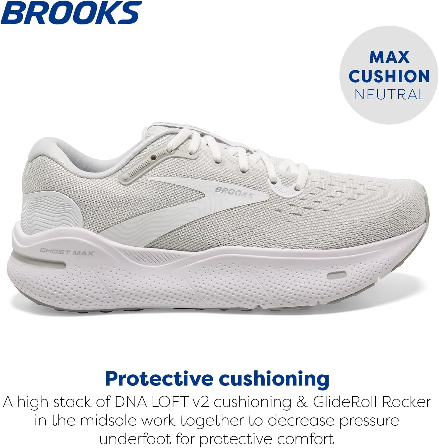 Мужские кроссовки Brooks Ghost Max Cushion для бега и ходьбы, нейтральная посадка, белый/металлик серебристый — фото 4