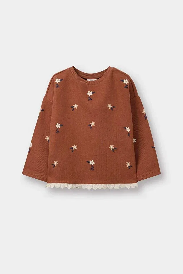 Детская футболка для девочек с принтом Oversized loose fit crew neck floral long sleeve t-shirt baby girl g6839a525cw Defacto, Coffee-Bn176 — фото 2