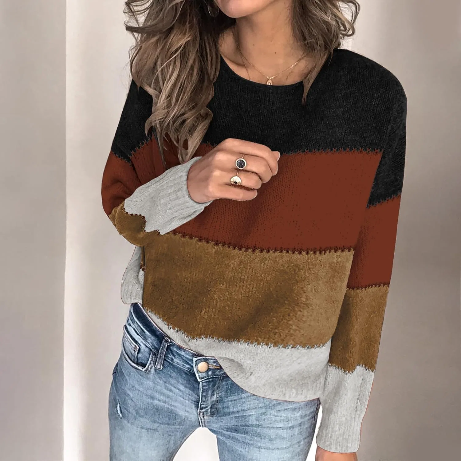 Женский свитер с длинным рукавом, цветовой блок, облегающий, Knitted Pullover, чёрный — фото 2