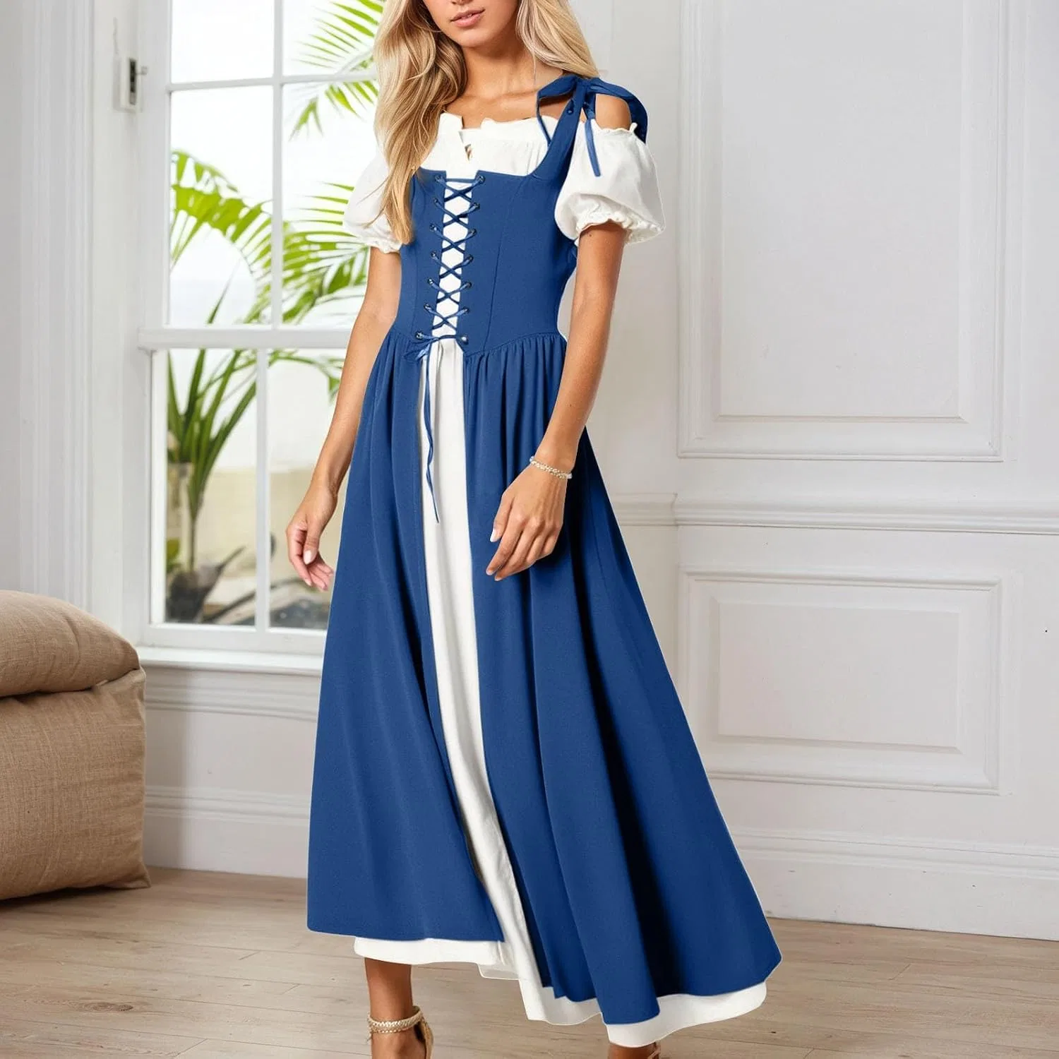 Женское макси-платье со шнуровкой и коротким рукавом, Blue — фото 2