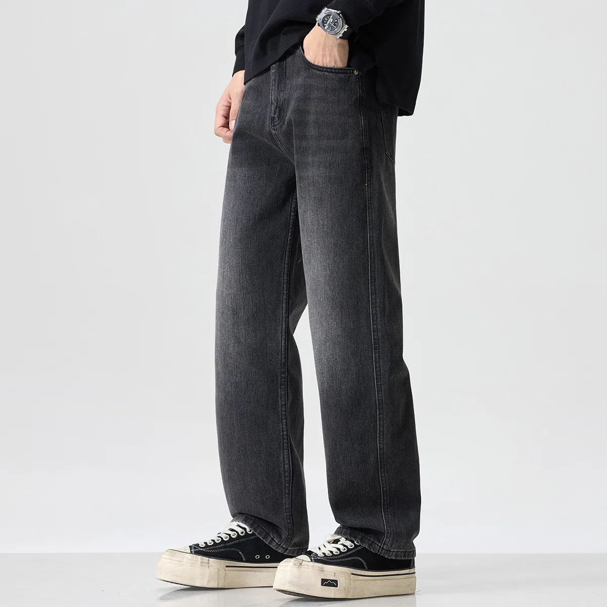 Детские джинсы свободного кроя с потертостями Tonlion, Black Gray — фото 4