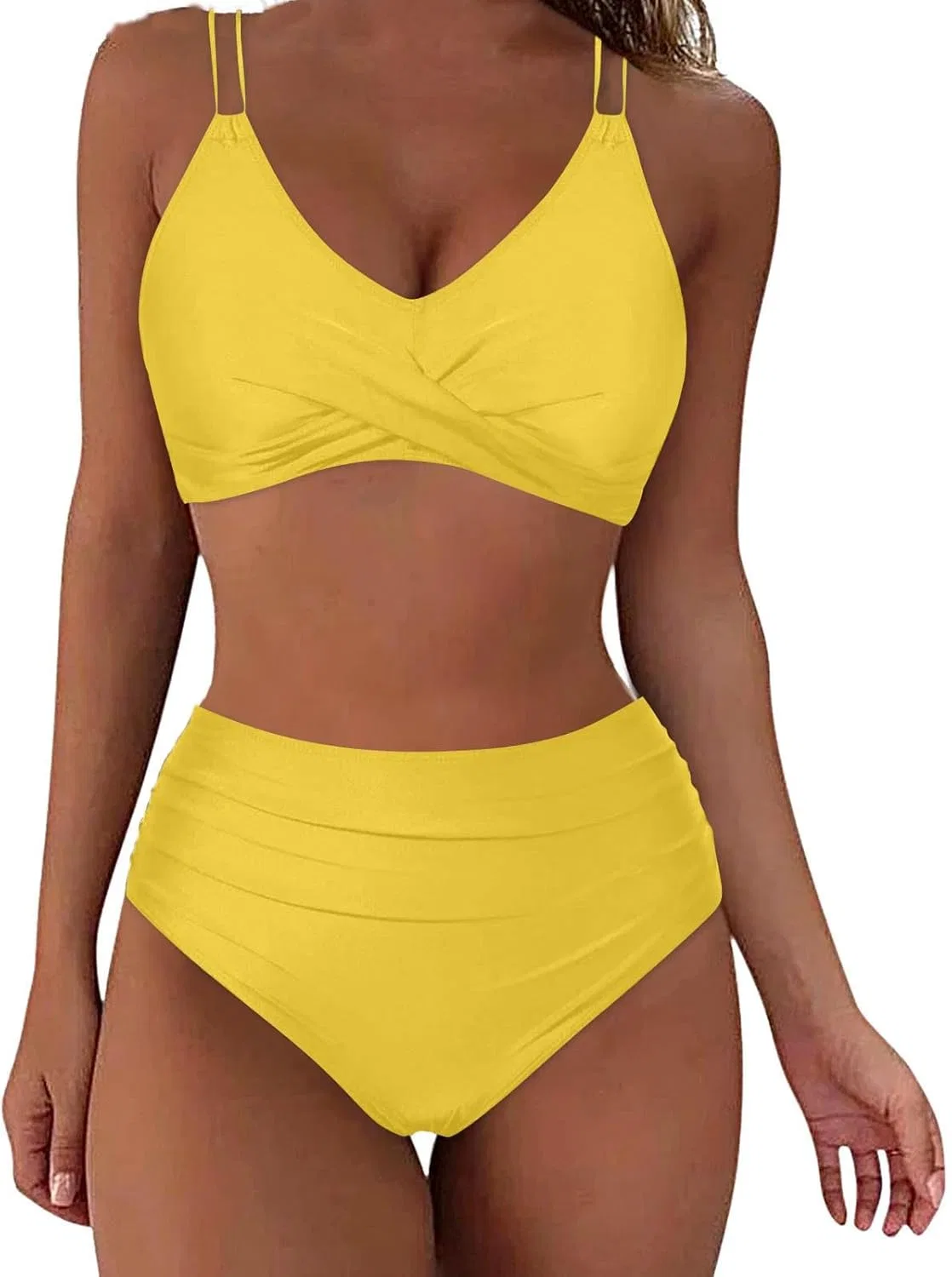 Женский купальный костюм с высокой талией, Solid Color, Yellow