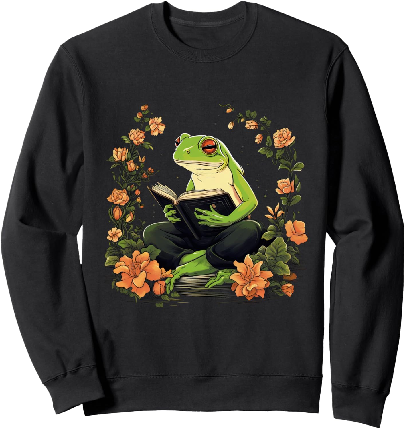 

Толстовка в стиле коттеджкор с цветочным рисунком, лягушкой и книгой, милым гоблином и надписью зовет Cottagecore Goblincore And Fairycore Stuff, черный