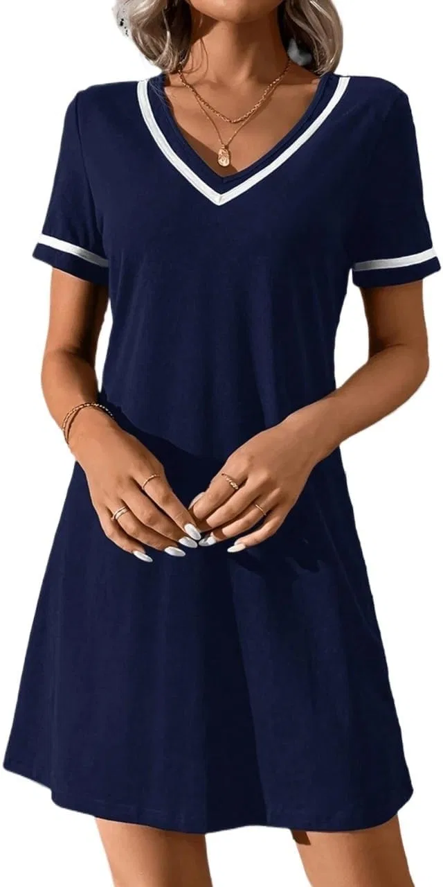 Женское повседневное платье с V-образным вырезом и колорблок, Navy Blue