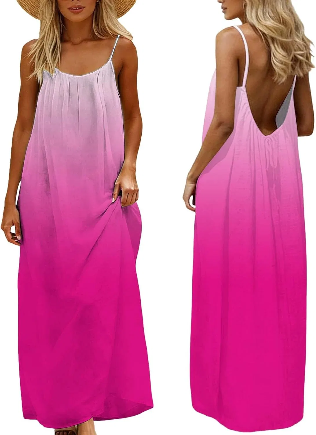 Женское летнее платье макси с открытой спиной Cotton Linen, Hot Pink