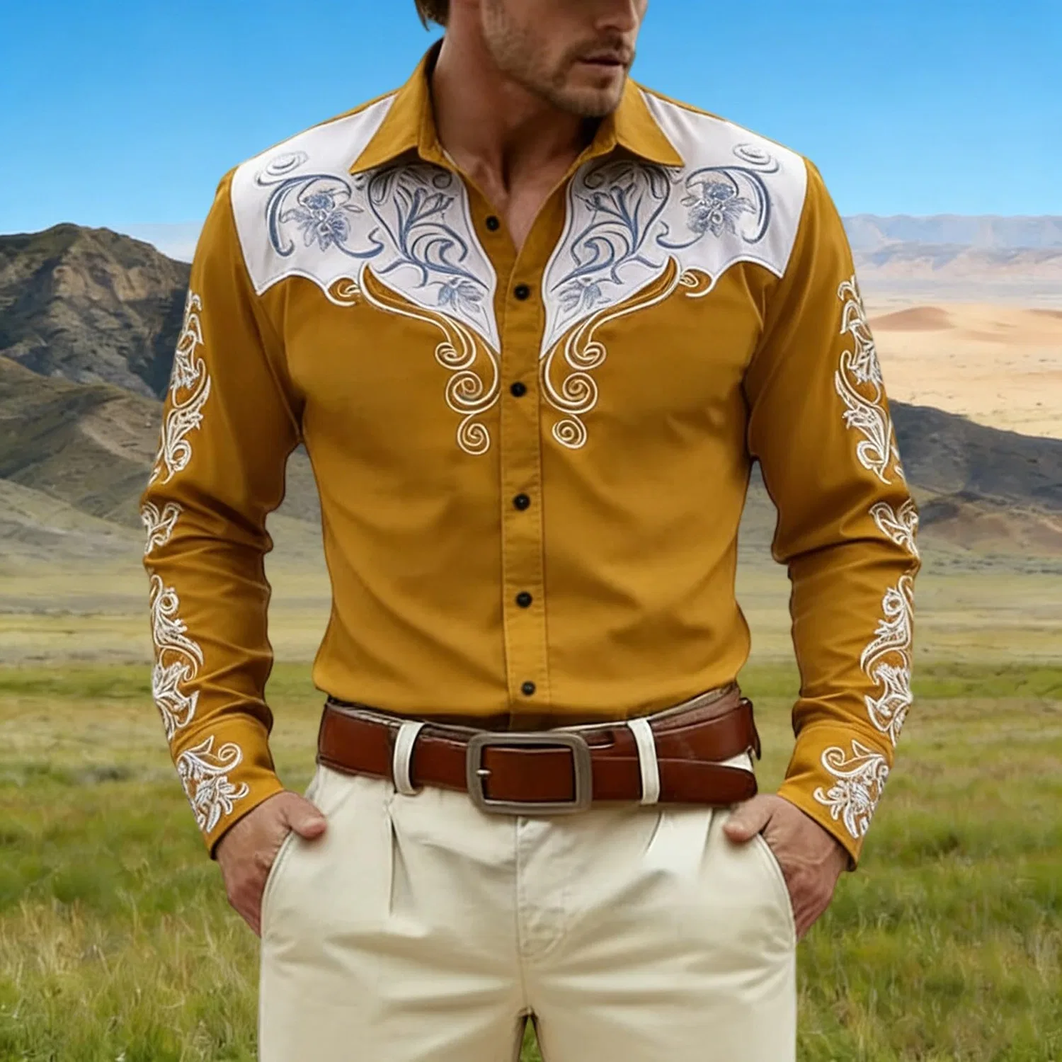 Мужская рубашка с длинным рукавом с вышивкой Western Shirt Cowboy Costume, #020-giallo-rosso — фото 2