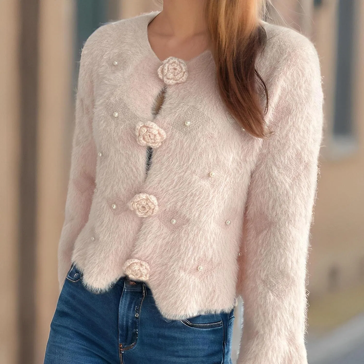 Женский пушистый кардиган из мохера, модель Fuzzy Mohair Cardigan, розовый — фото 3