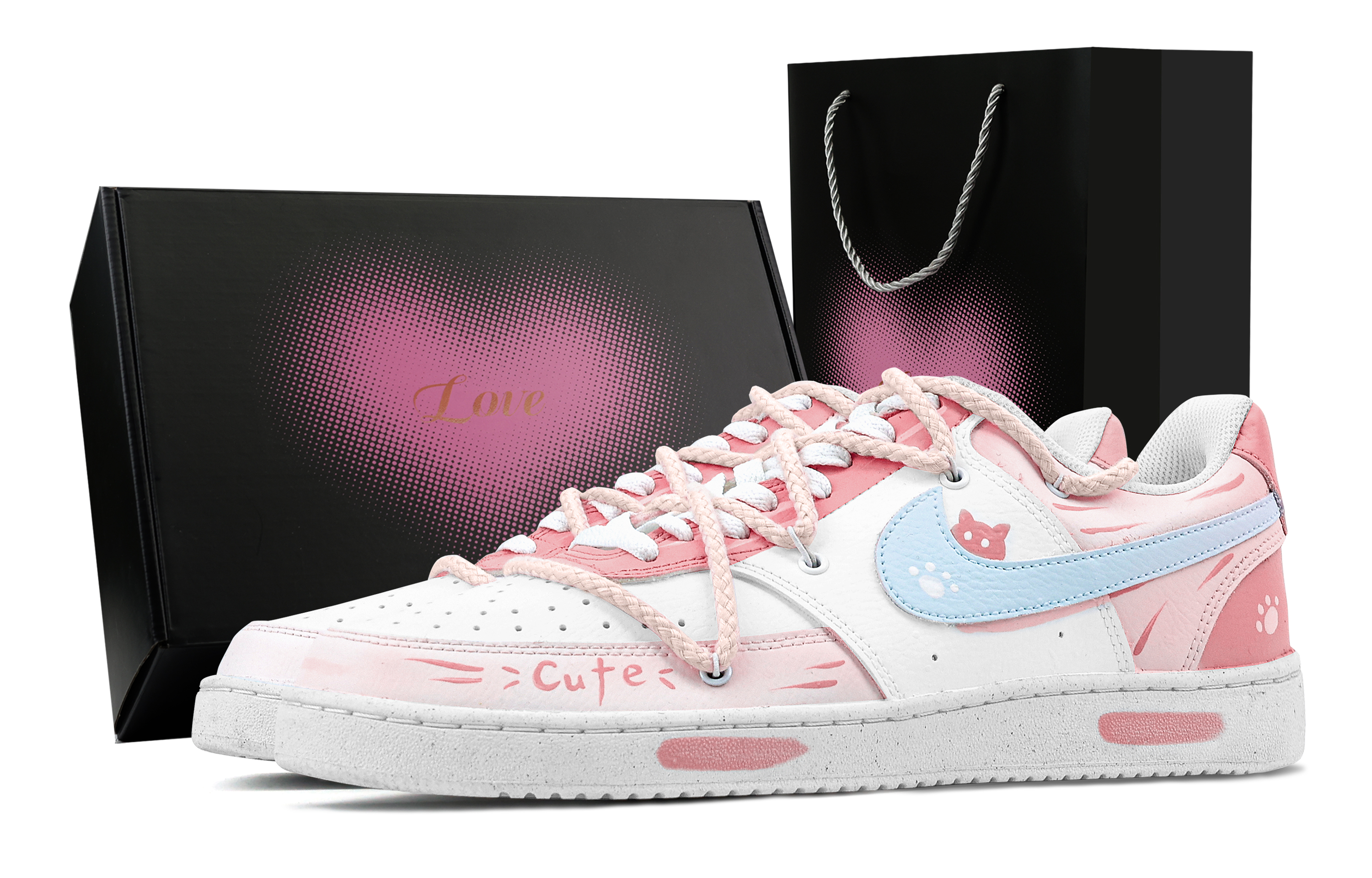

Nike Кроссовки Court Vision 1 Sweetheart Cat Paw Heart Box с антискользящим покрытием, износостойкие, низкие, для скейтбординга, мужские, розовые, синие