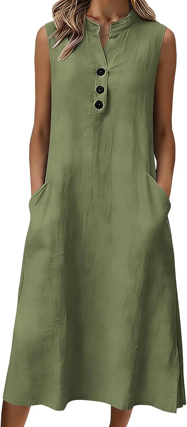 Женское летнее сарафан V-образный вырез без рукавов, Army Green