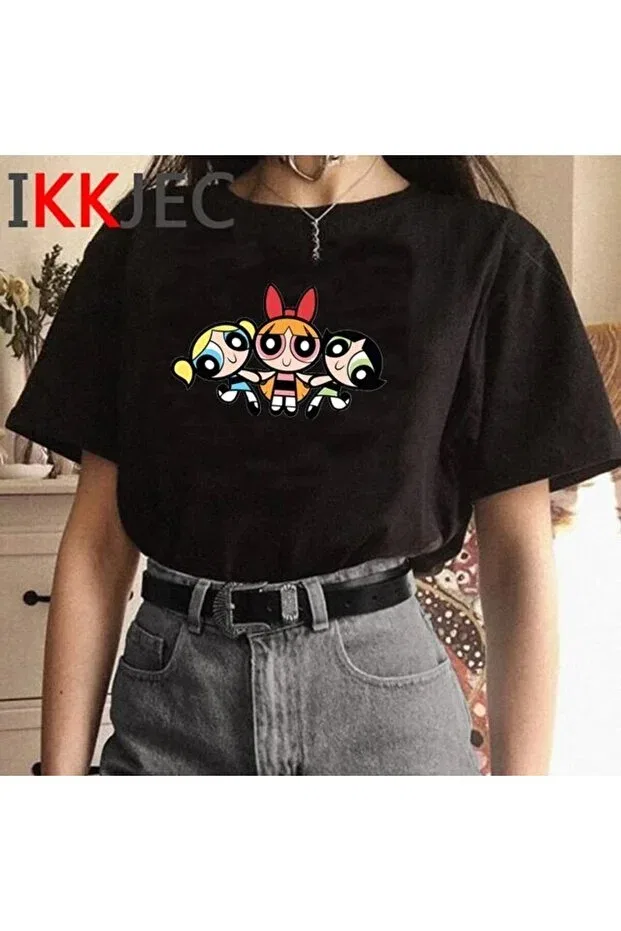 Детская футболка с графическим принтом Powerpuff girl girl black t-shirt Svart Wear, Black